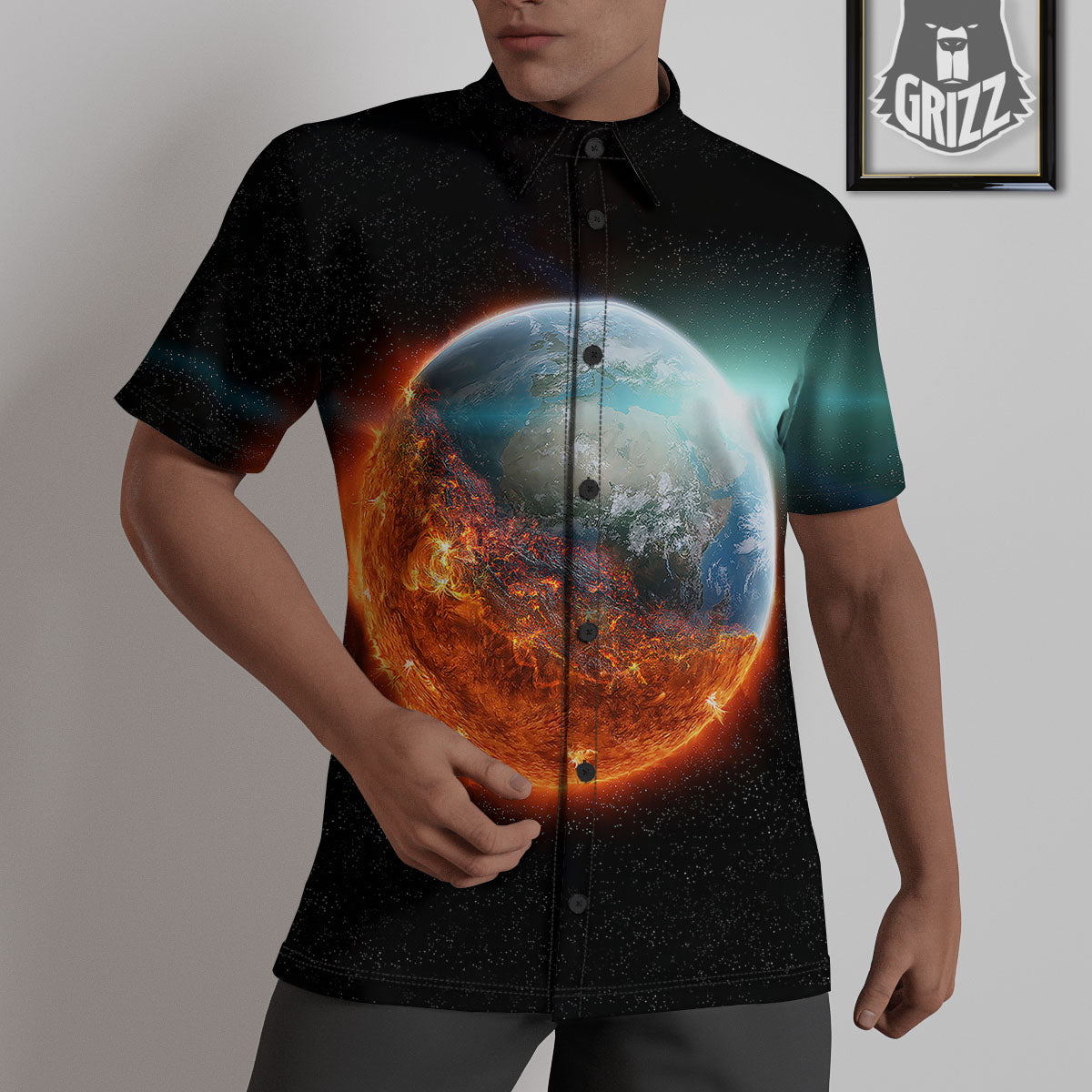 Burning Planet Print Untucked Shirts-grizzshop