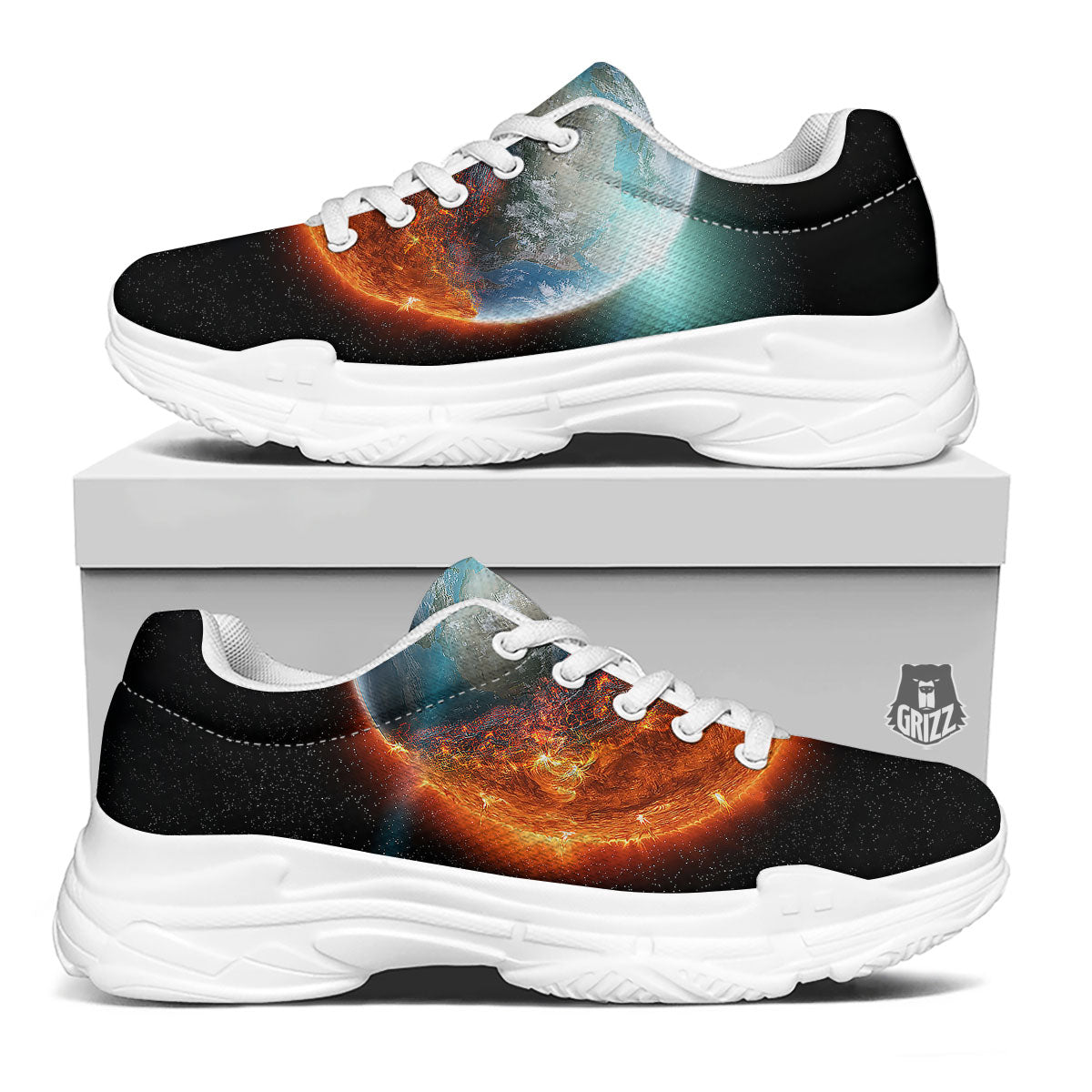 Burning Planet Print White Chunky Shoes-grizzshop