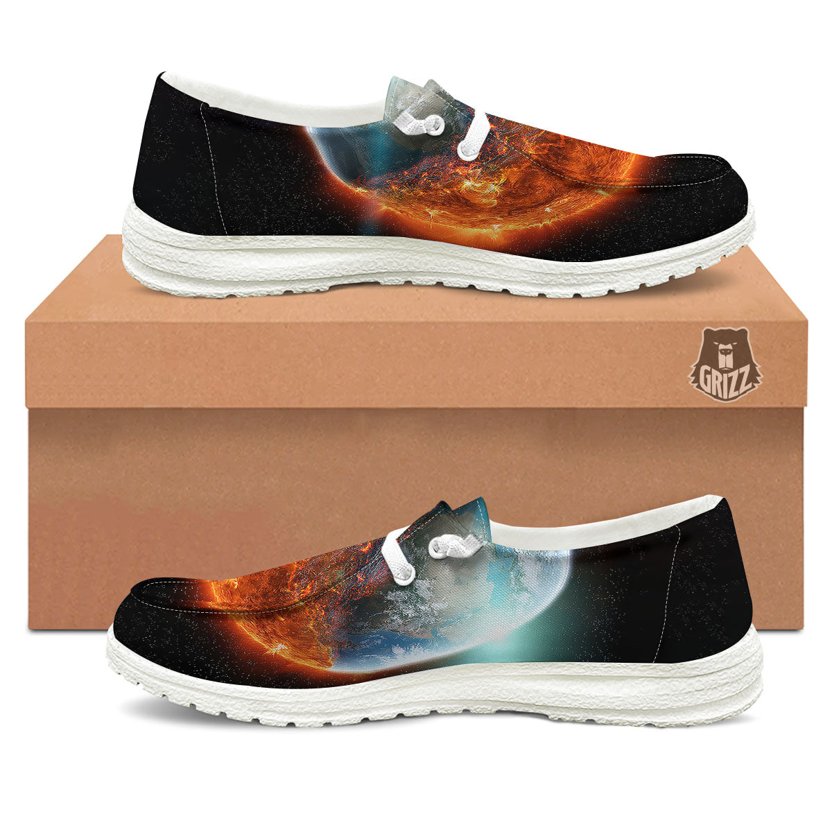 Burning Planet Print White Loafers-grizzshop