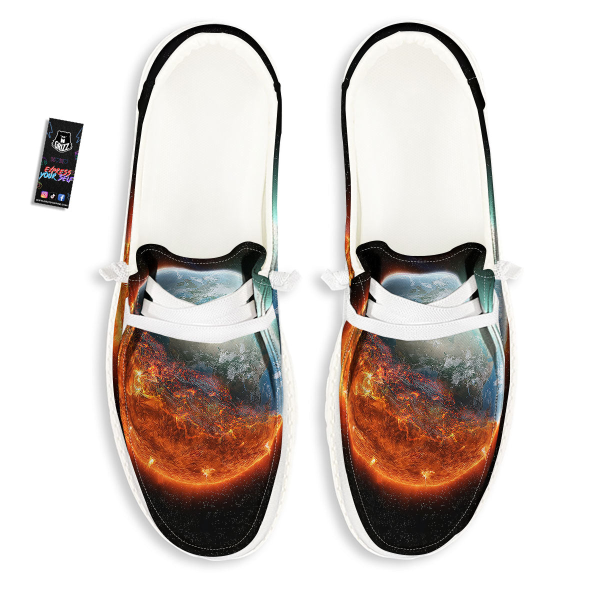 Burning Planet Print White Loafers-grizzshop