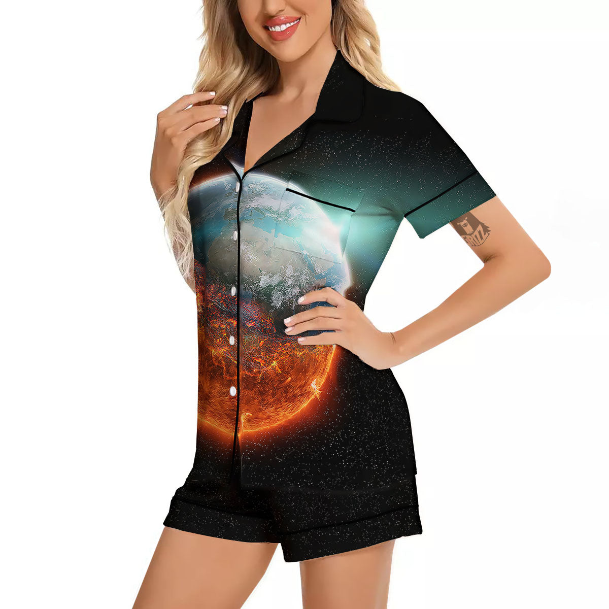 Burning Planet Print Women Silk Pajamas-grizzshop