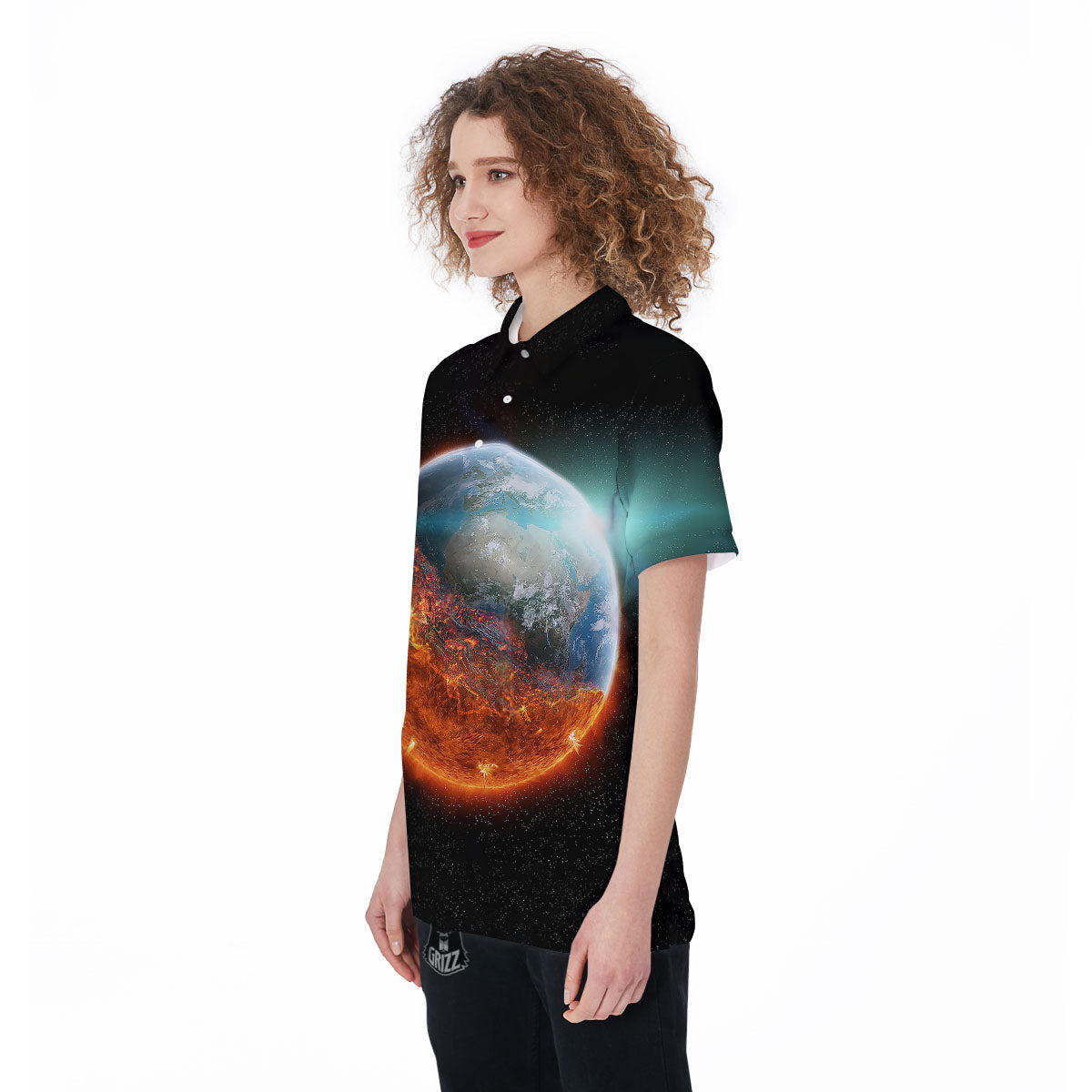 Burning Planet Print Women's Golf Shirts-grizzshop