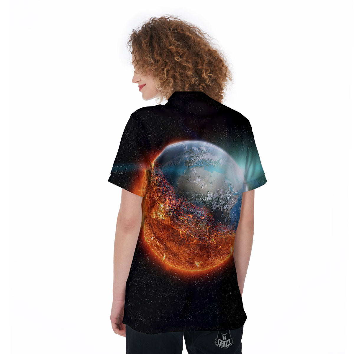 Burning Planet Print Women's Golf Shirts-grizzshop
