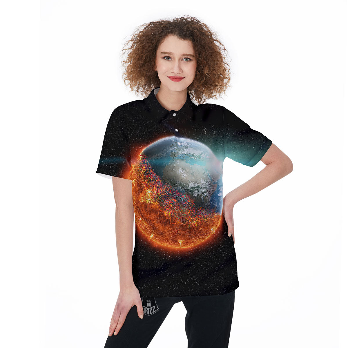 Burning Planet Print Women's Golf Shirts-grizzshop