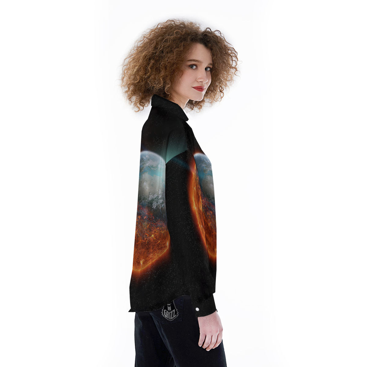 Burning Planet Print Women's Long Sleeve Shirts-grizzshop