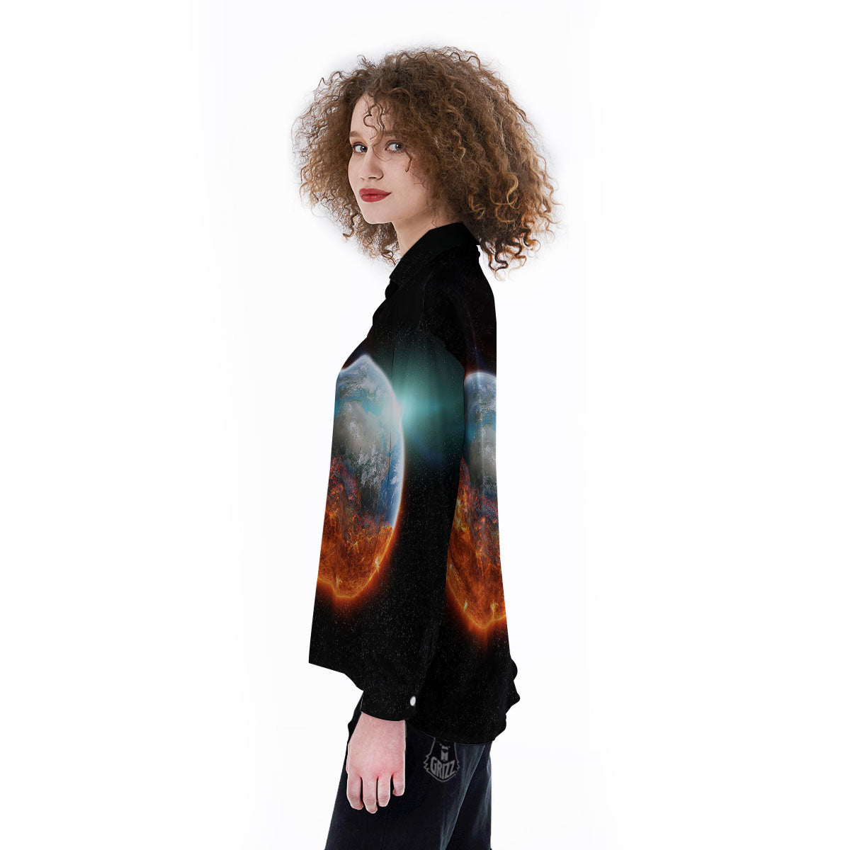 Burning Planet Print Women's Long Sleeve Shirts-grizzshop