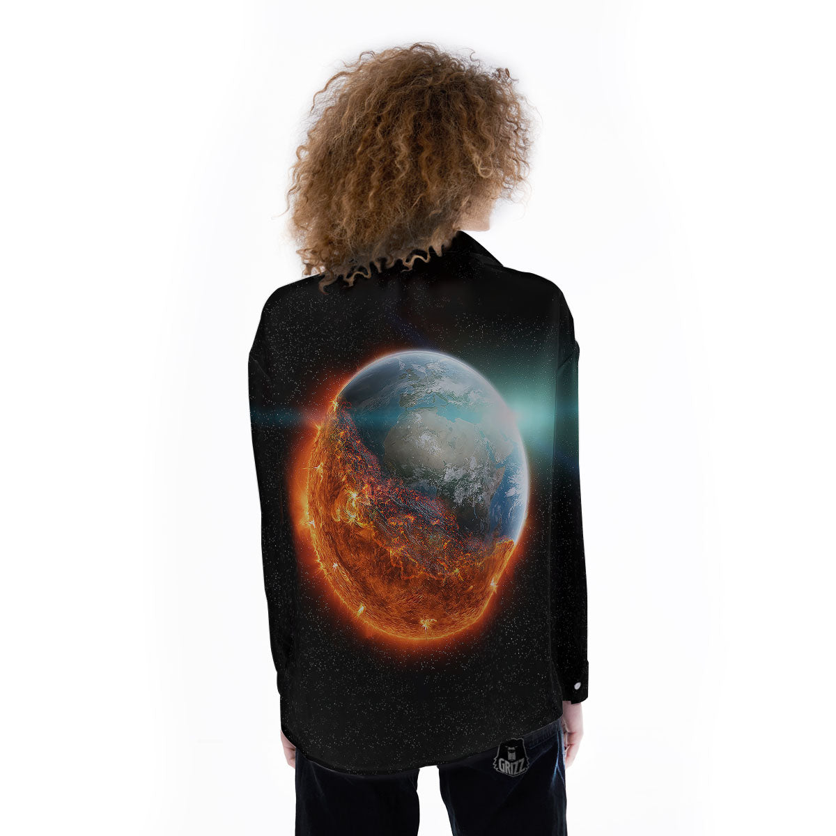 Burning Planet Print Women's Long Sleeve Shirts-grizzshop