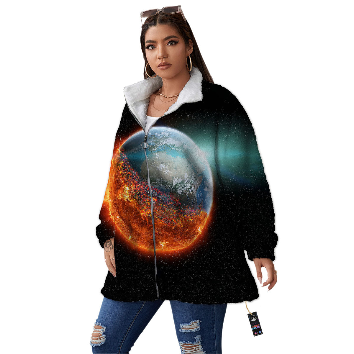 Burning Planet Print Women's Sherpa Jacket-grizzshop