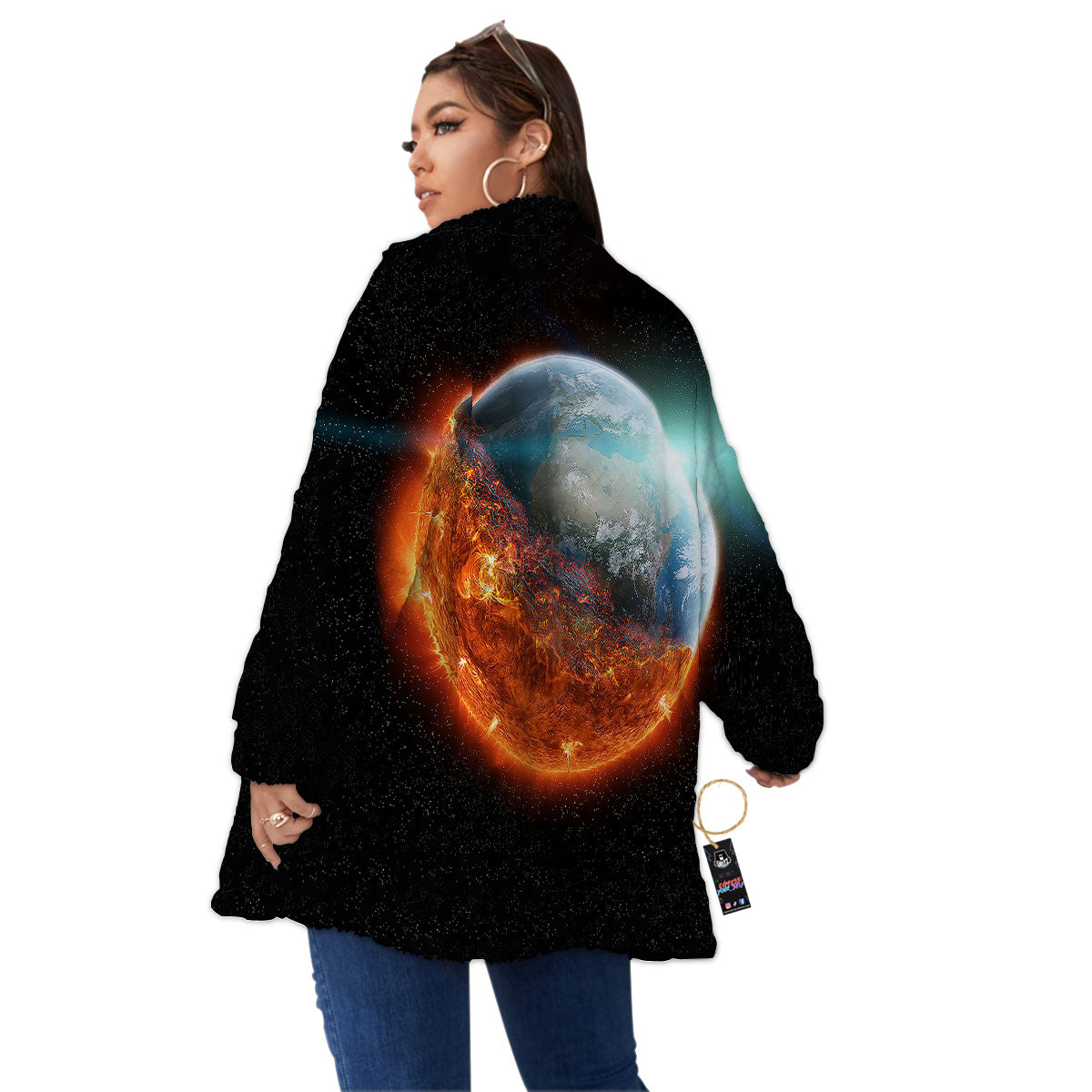 Burning Planet Print Women's Sherpa Jacket-grizzshop