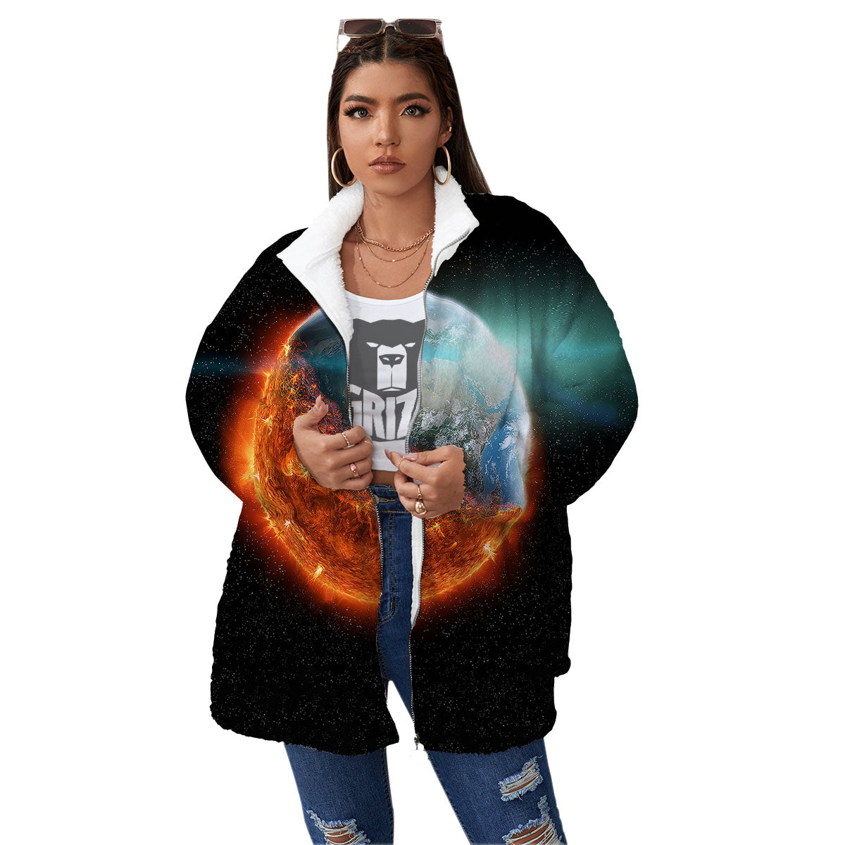 Burning Planet Print Women's Sherpa Jacket-grizzshop