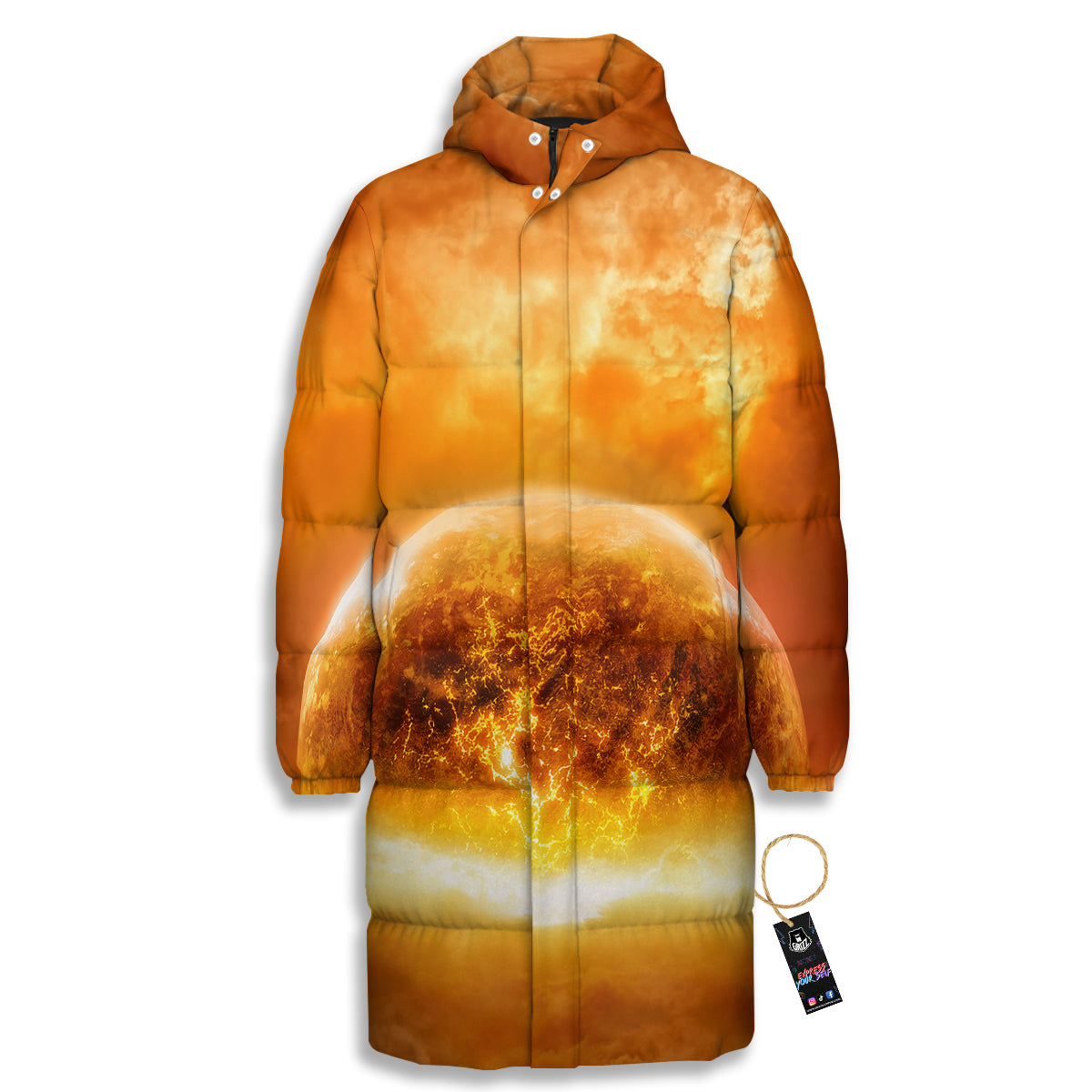 Burning Apocalyptic Planet Earth Print Long Down Jacket