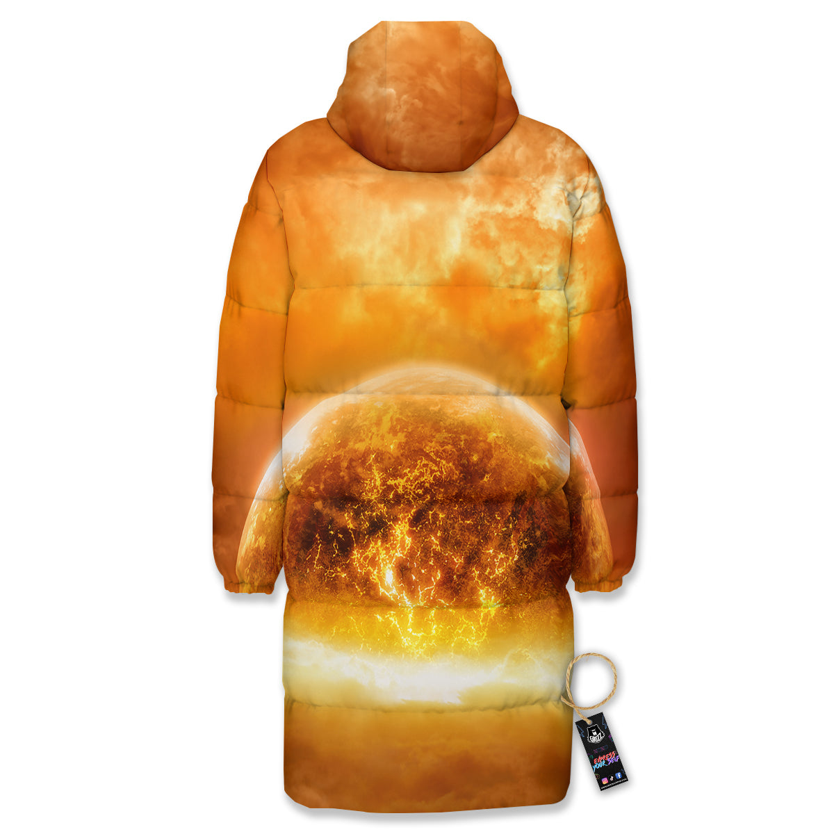 Burning Apocalyptic Planet Earth Print Long Down Jacket