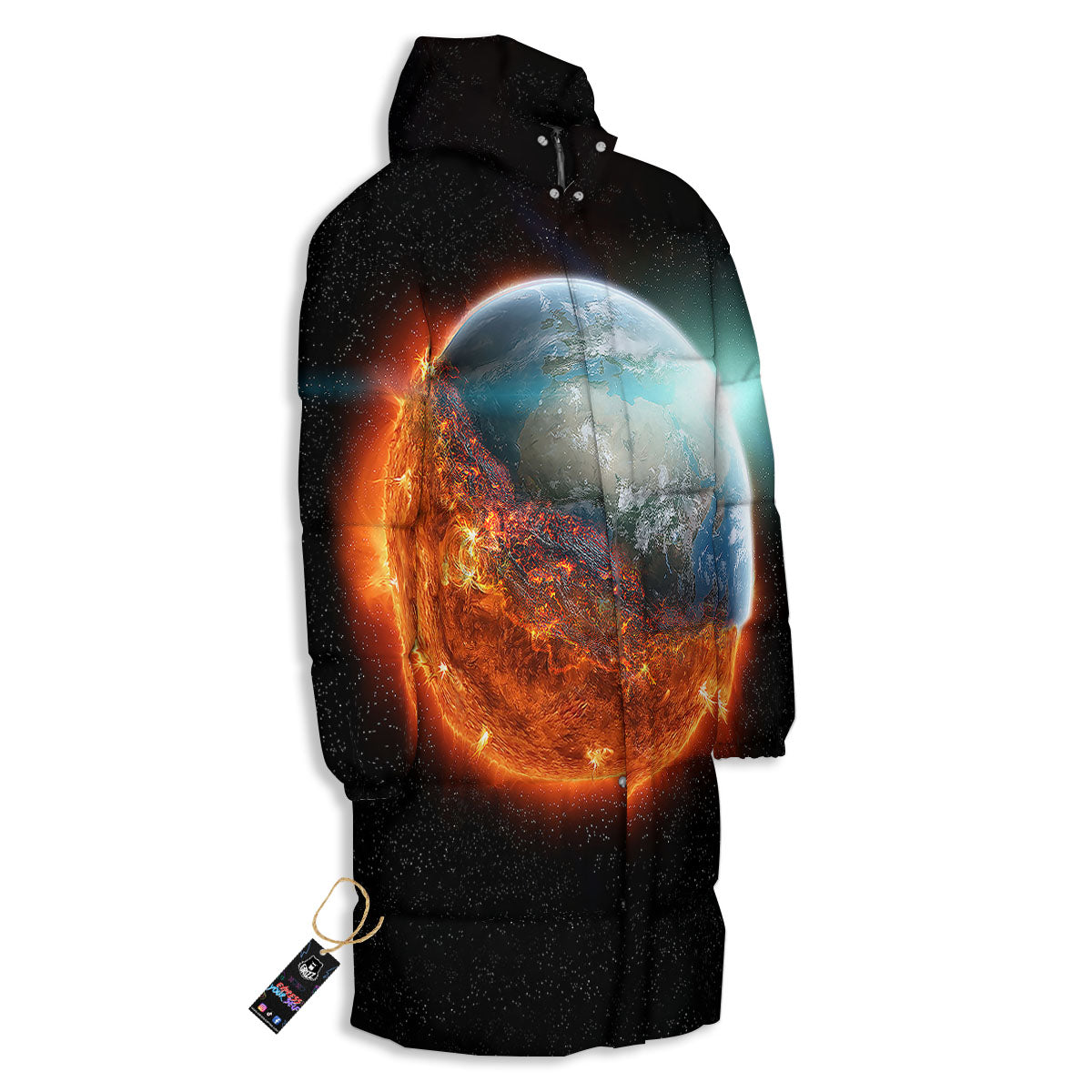 Burning Planet Print Long Down Jacket