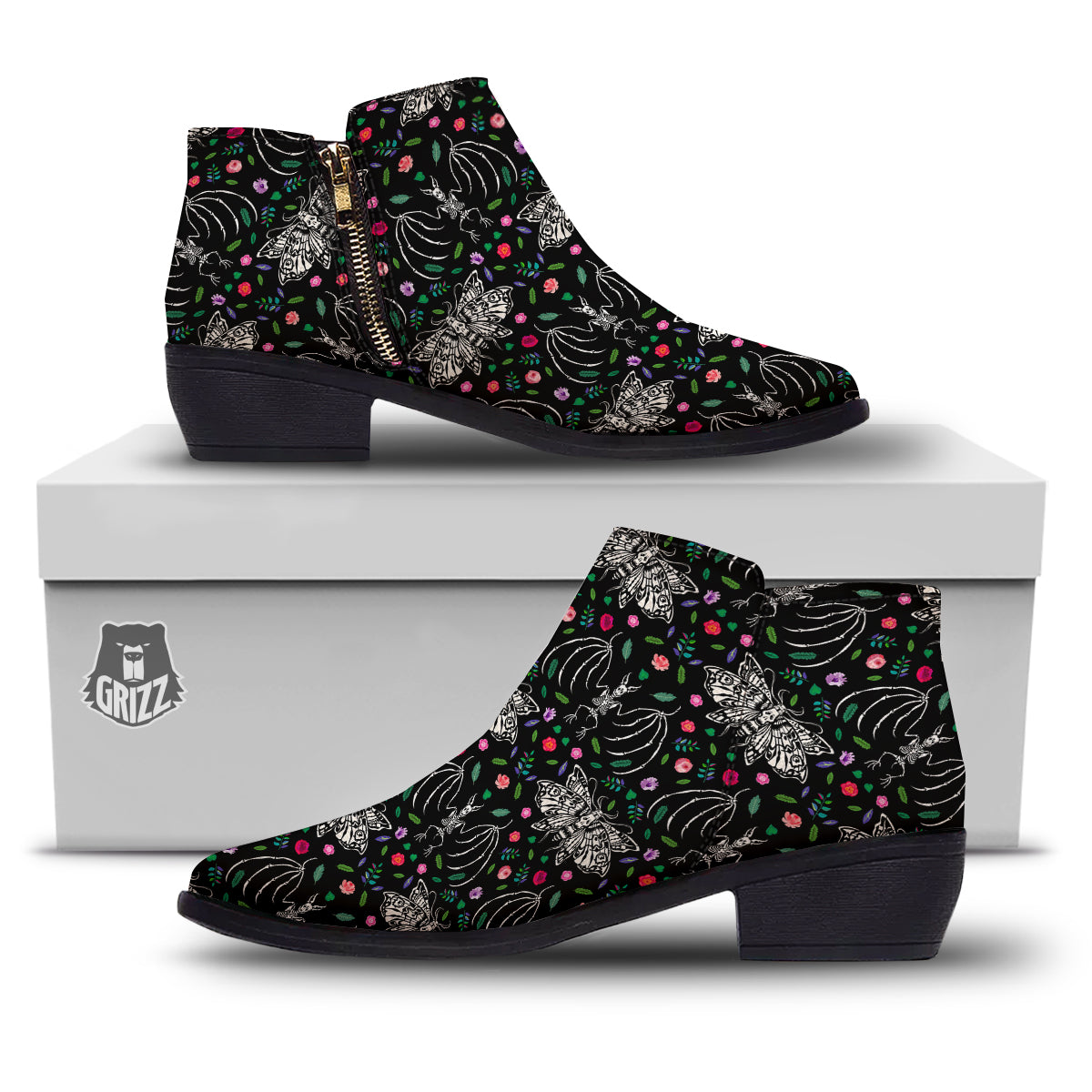Butterflies And Skeletons of Bats Print Pattern Ankle Boots-grizzshop