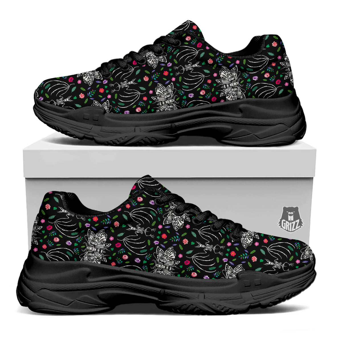 Butterflies And Skeletons of Bats Print Pattern Black Chunky Shoes-grizzshop