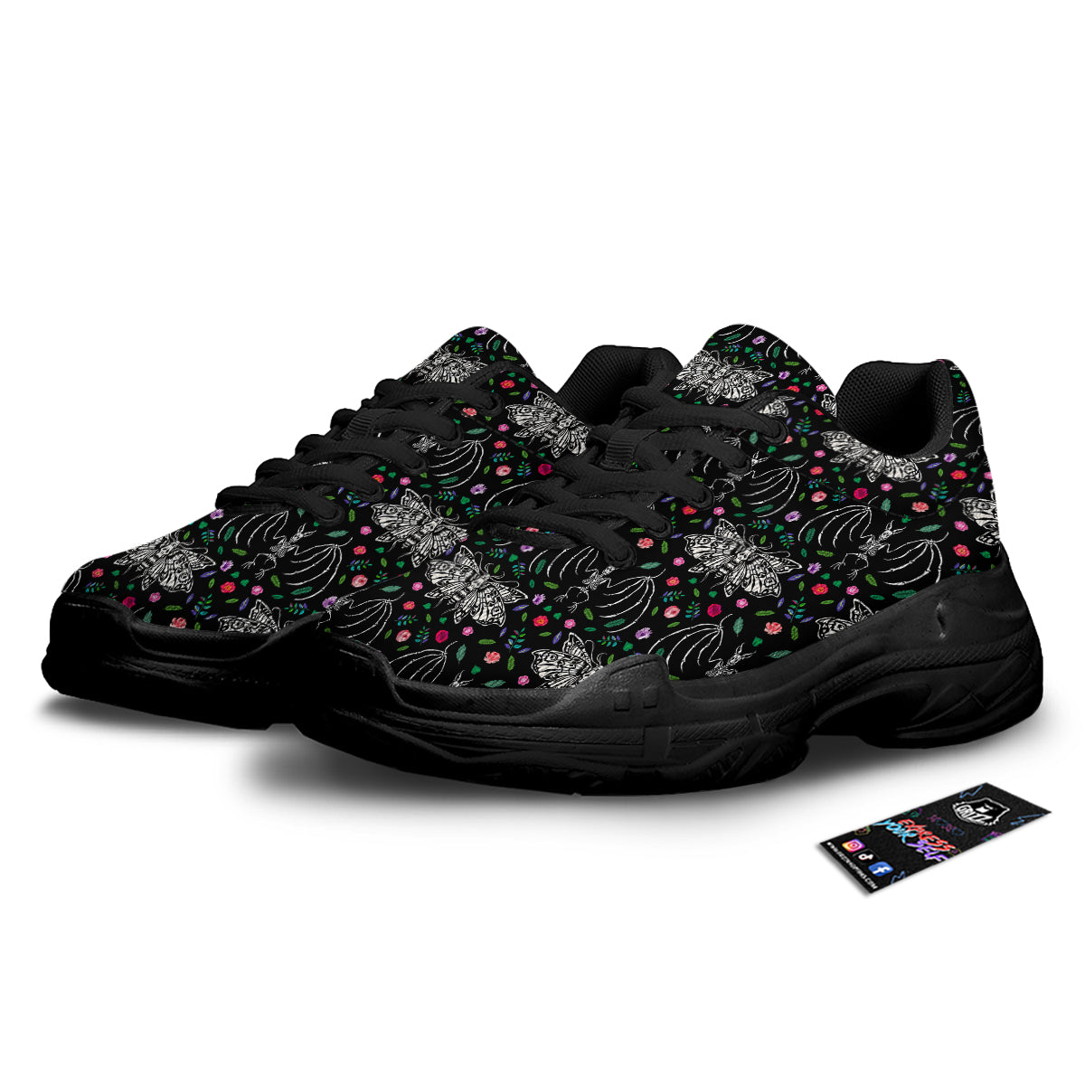 Butterflies And Skeletons of Bats Print Pattern Black Chunky Shoes-grizzshop