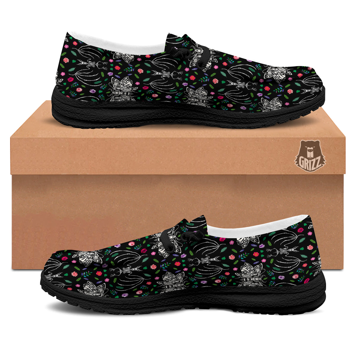 Butterflies And Skeletons of Bats Print Pattern Black Loafers-grizzshop