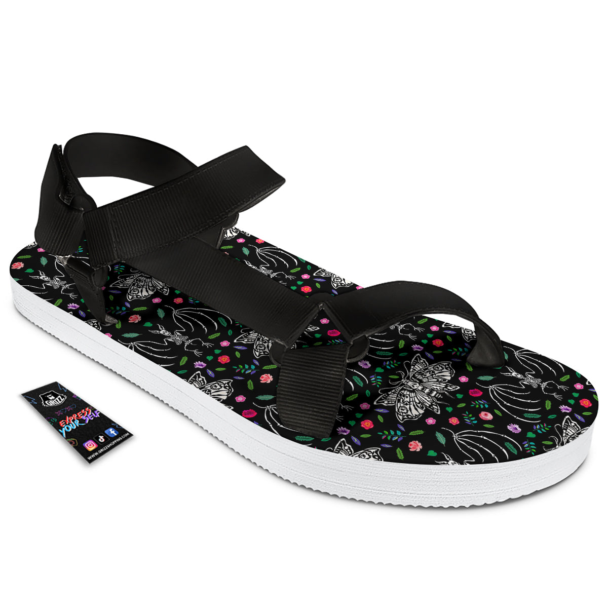 Butterflies And Skeletons of Bats Print Pattern Black Open Toe Sandals-grizzshop