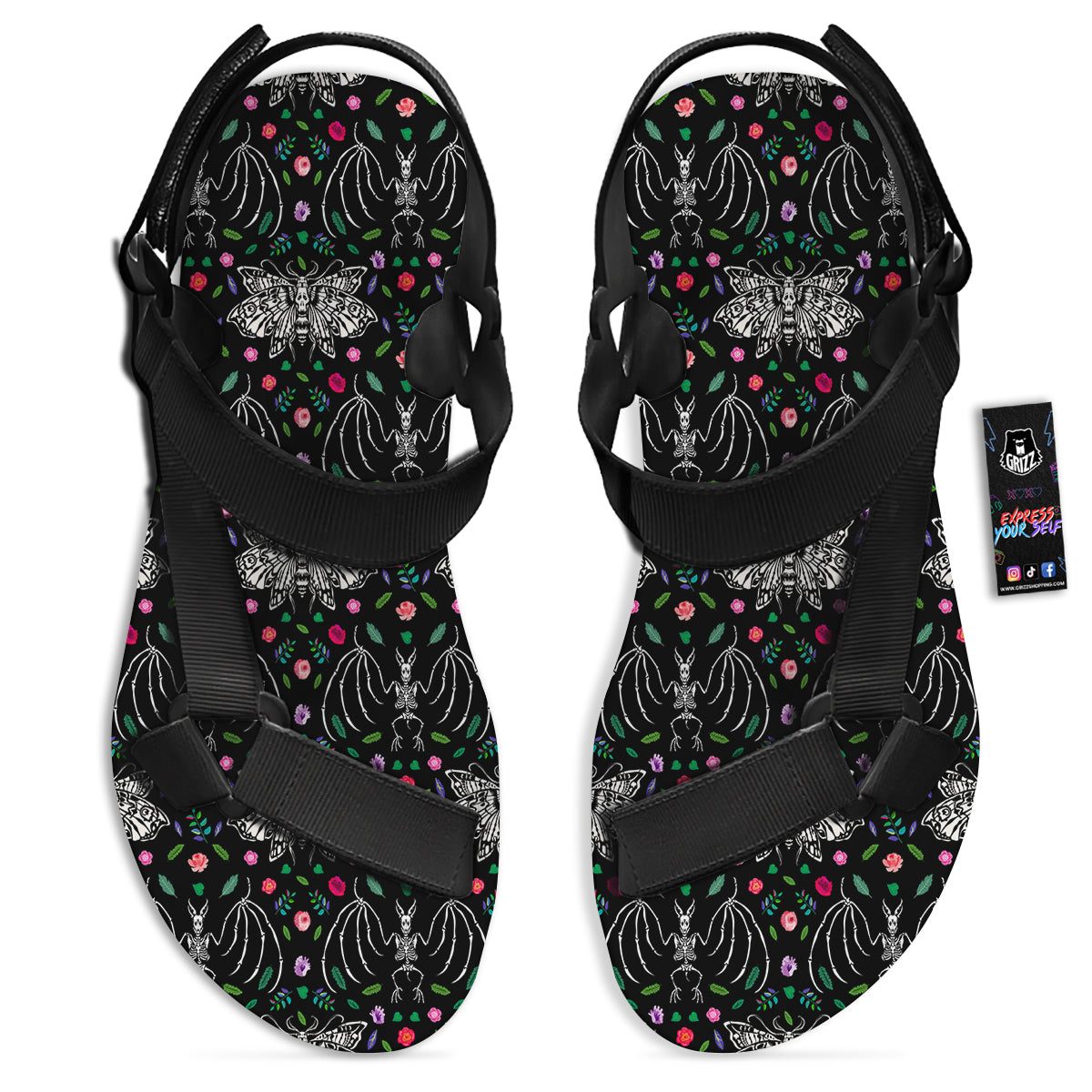 Butterflies And Skeletons of Bats Print Pattern Black Open Toe Sandals-grizzshop