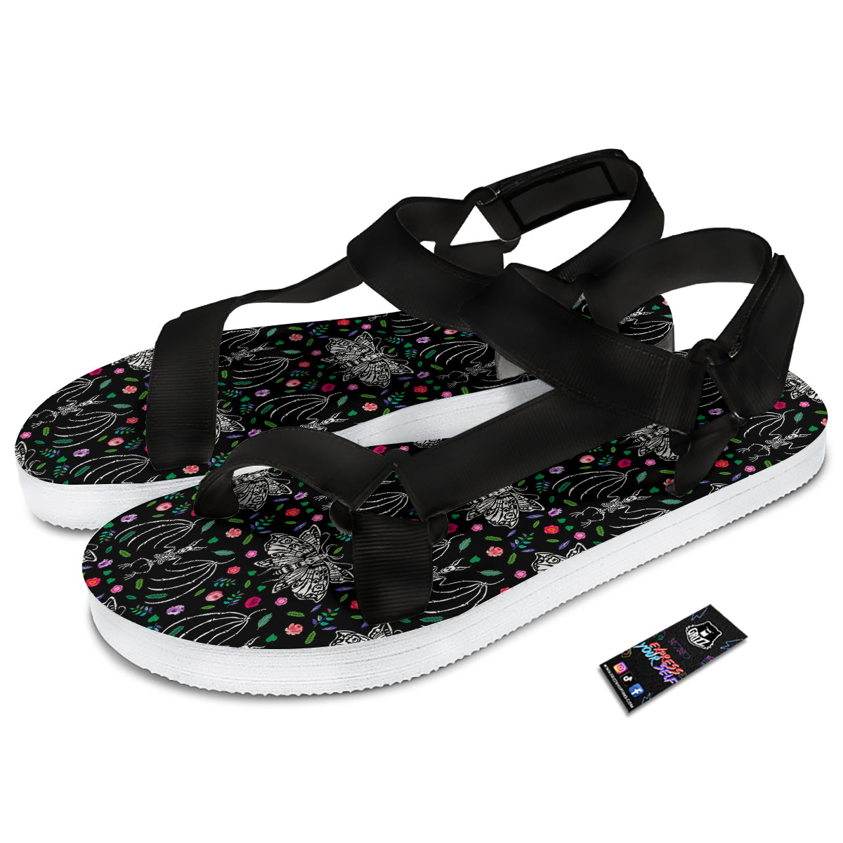 Butterflies And Skeletons of Bats Print Pattern Black Open Toe Sandals-grizzshop