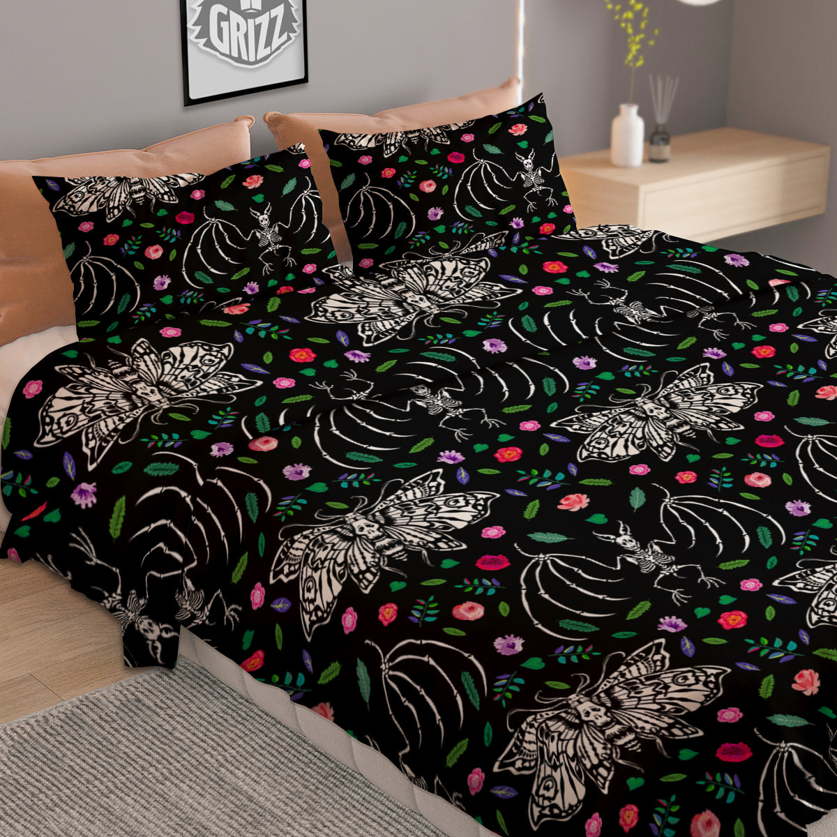 Butterflies And Skeletons of Bats Print Pattern Duvet Cover Bedding Set