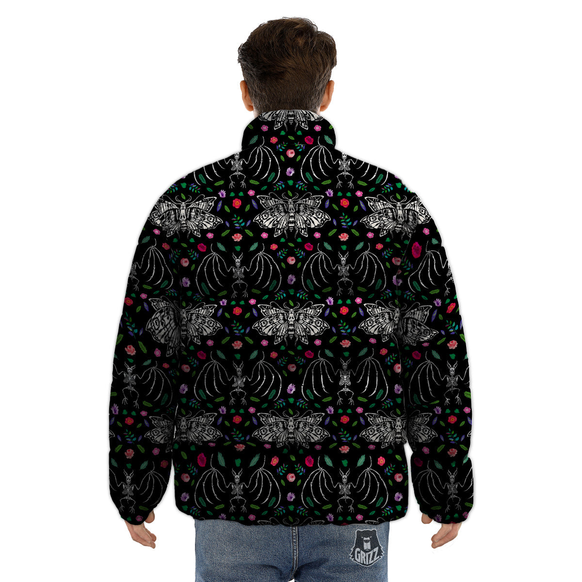 Butterflies And Skeletons of Bats Print Pattern Puffer Jacket-grizzshop