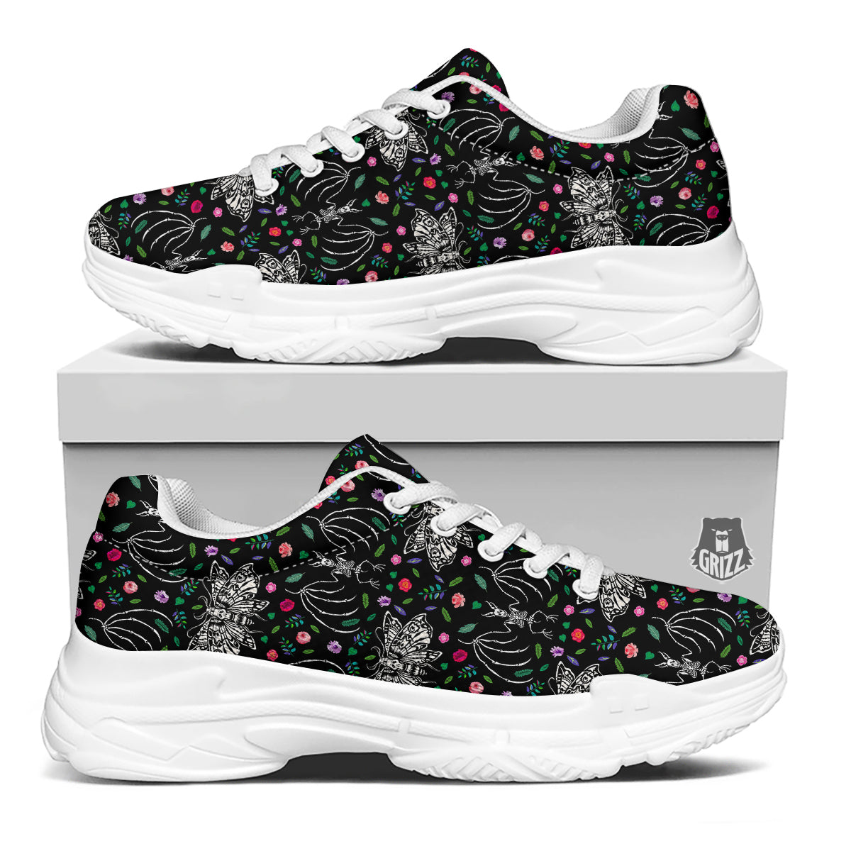 Butterflies And Skeletons of Bats Print Pattern White Chunky Shoes-grizzshop