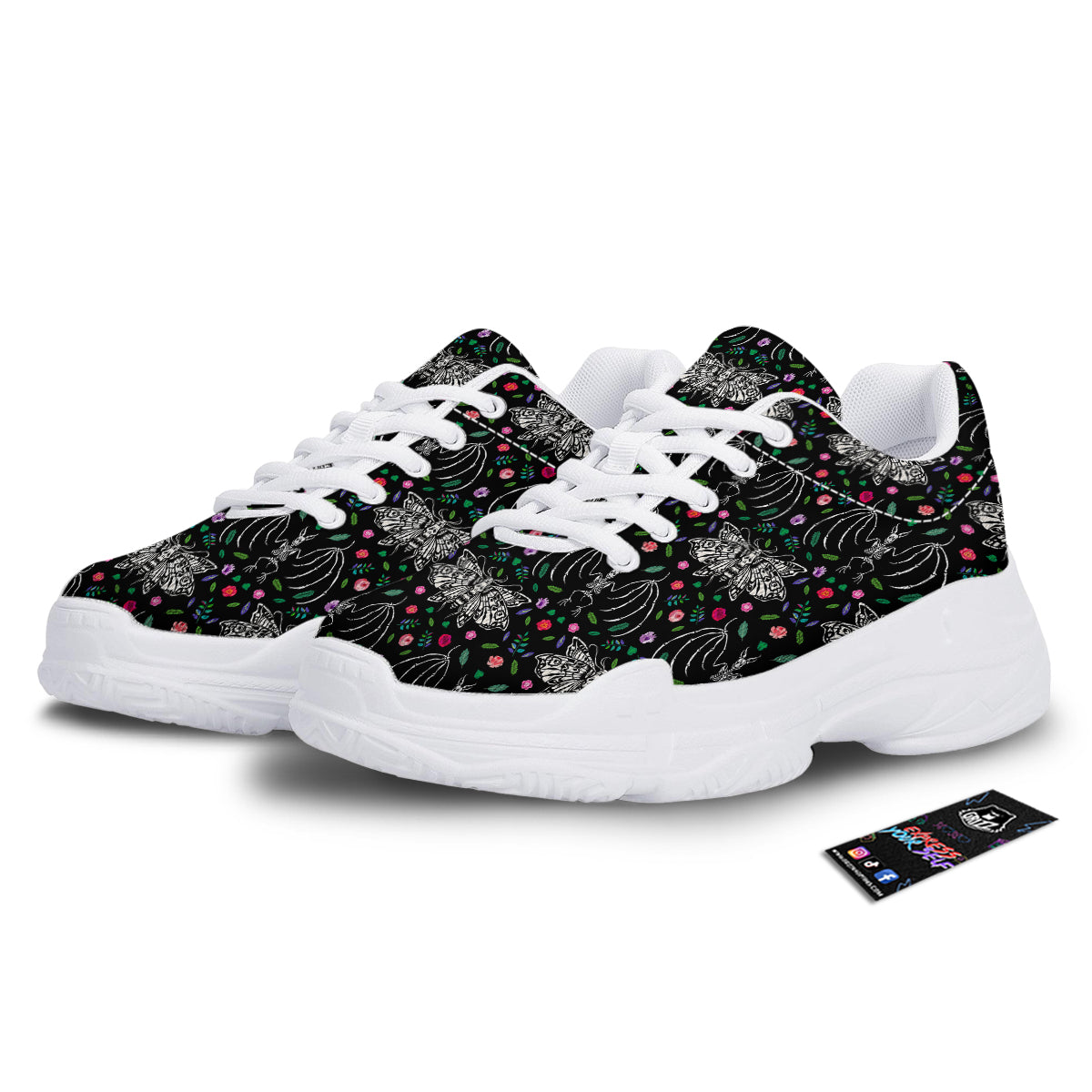 Butterflies And Skeletons of Bats Print Pattern White Chunky Shoes-grizzshop