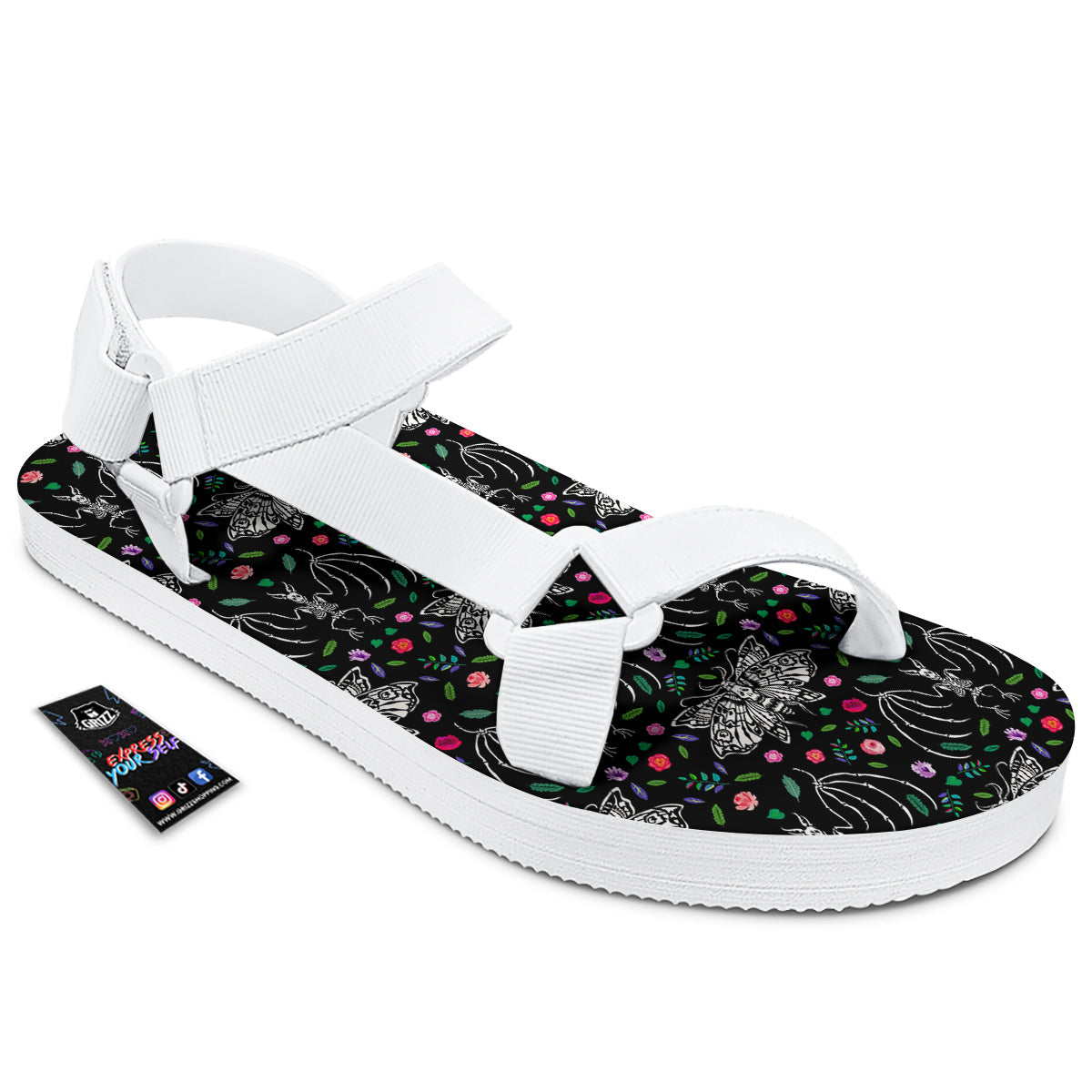 Butterflies And Skeletons of Bats Print Pattern White Open Toe Sandals-grizzshop