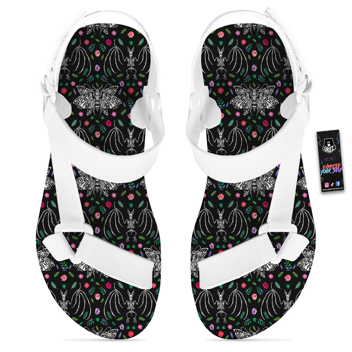 Butterflies And Skeletons of Bats Print Pattern White Open Toe Sandals-grizzshop