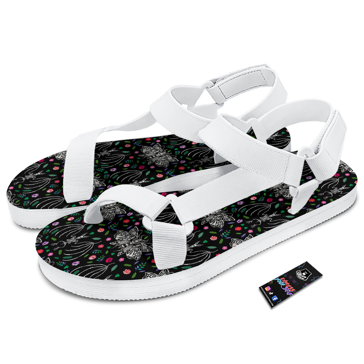 Butterflies And Skeletons of Bats Print Pattern White Open Toe Sandals-grizzshop