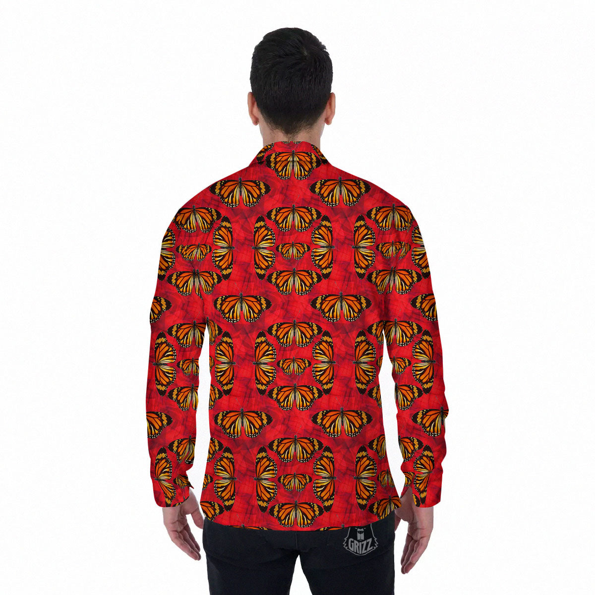 Butterflies Monarch Orange Print Pattern Men's Long Sleeve Shirts-grizzshop