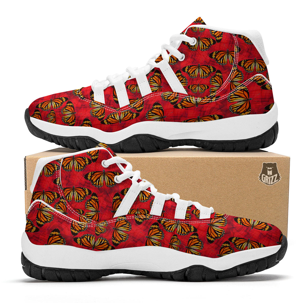 Butterflies Monarch Orange Print Pattern White Bball Shoes-grizzshop