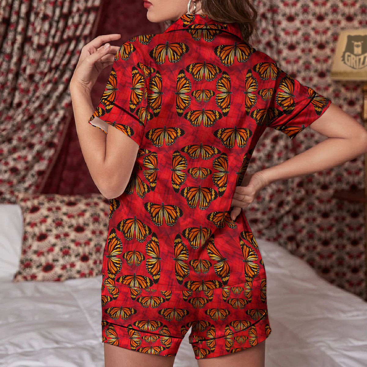 Butterflies Monarch Orange Print Pattern Women Silk Pajamas-grizzshop