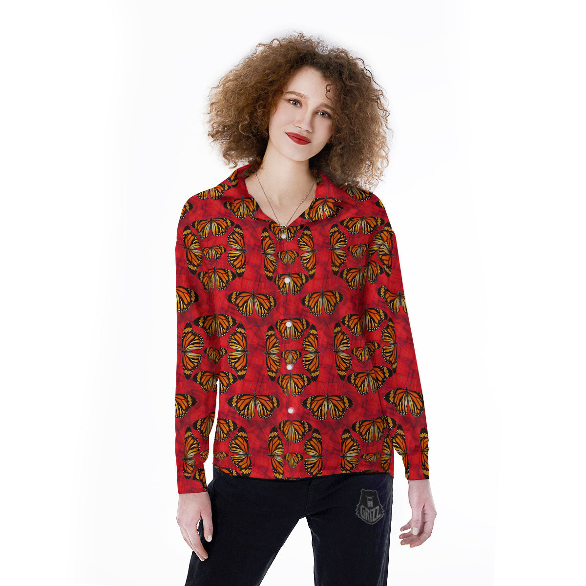 Butterflies Monarch Orange Print Pattern Women's Long Sleeve Shirts-grizzshop