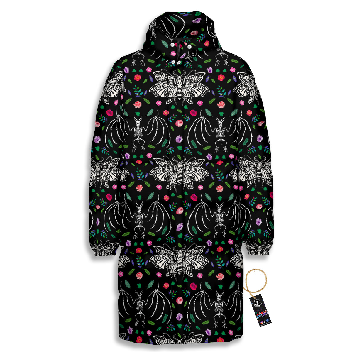 Butterflies And Skeletons of Bats Print Pattern Long Down Jacket
