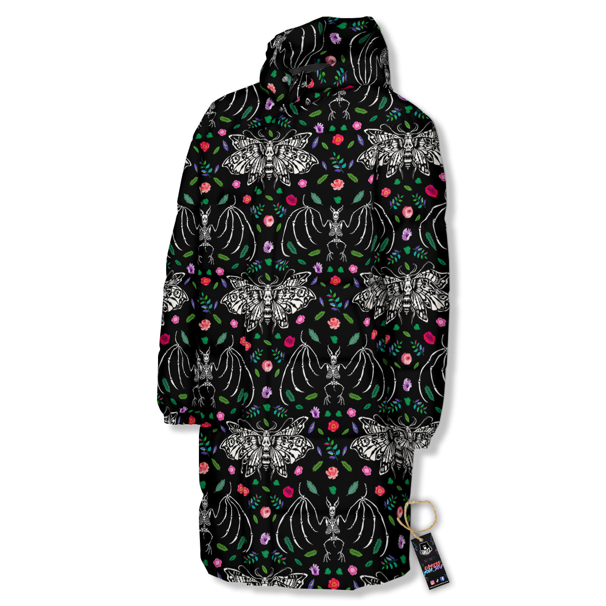 Butterflies And Skeletons of Bats Print Pattern Long Down Jacket