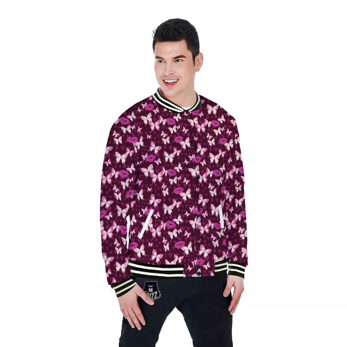 Butterfly And Girly Heart Print Pattern Baseball Jacket-grizzshop