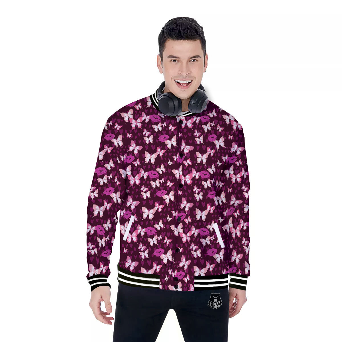 Butterfly And Girly Heart Print Pattern Baseball Jacket-grizzshop