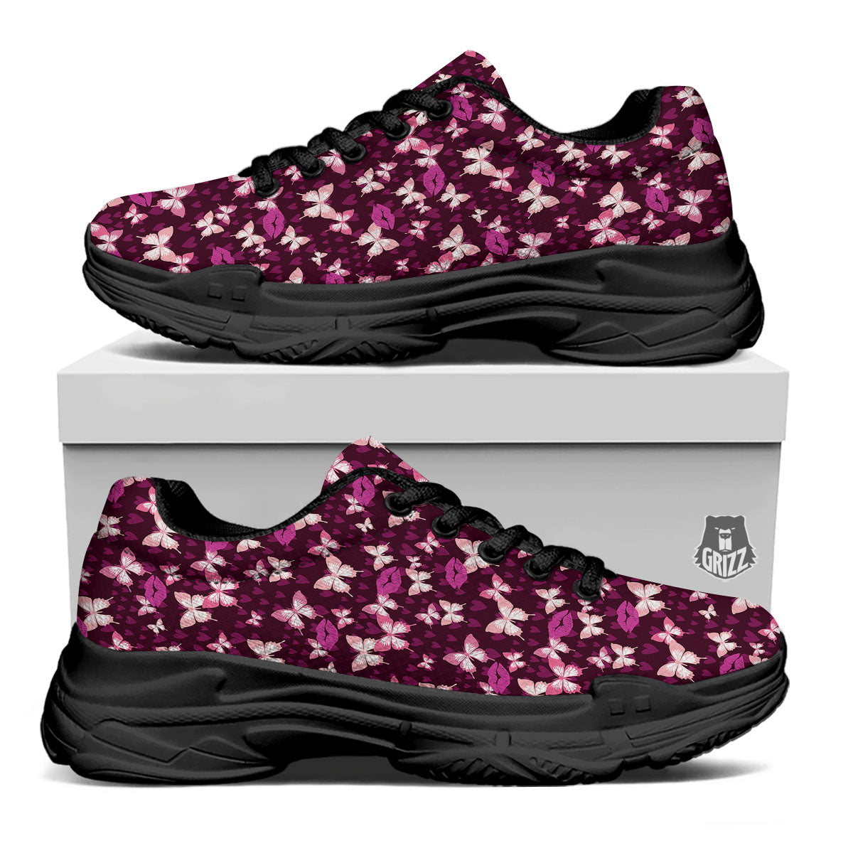 Butterfly And Girly Heart Print Pattern Black Chunky Shoes-grizzshop