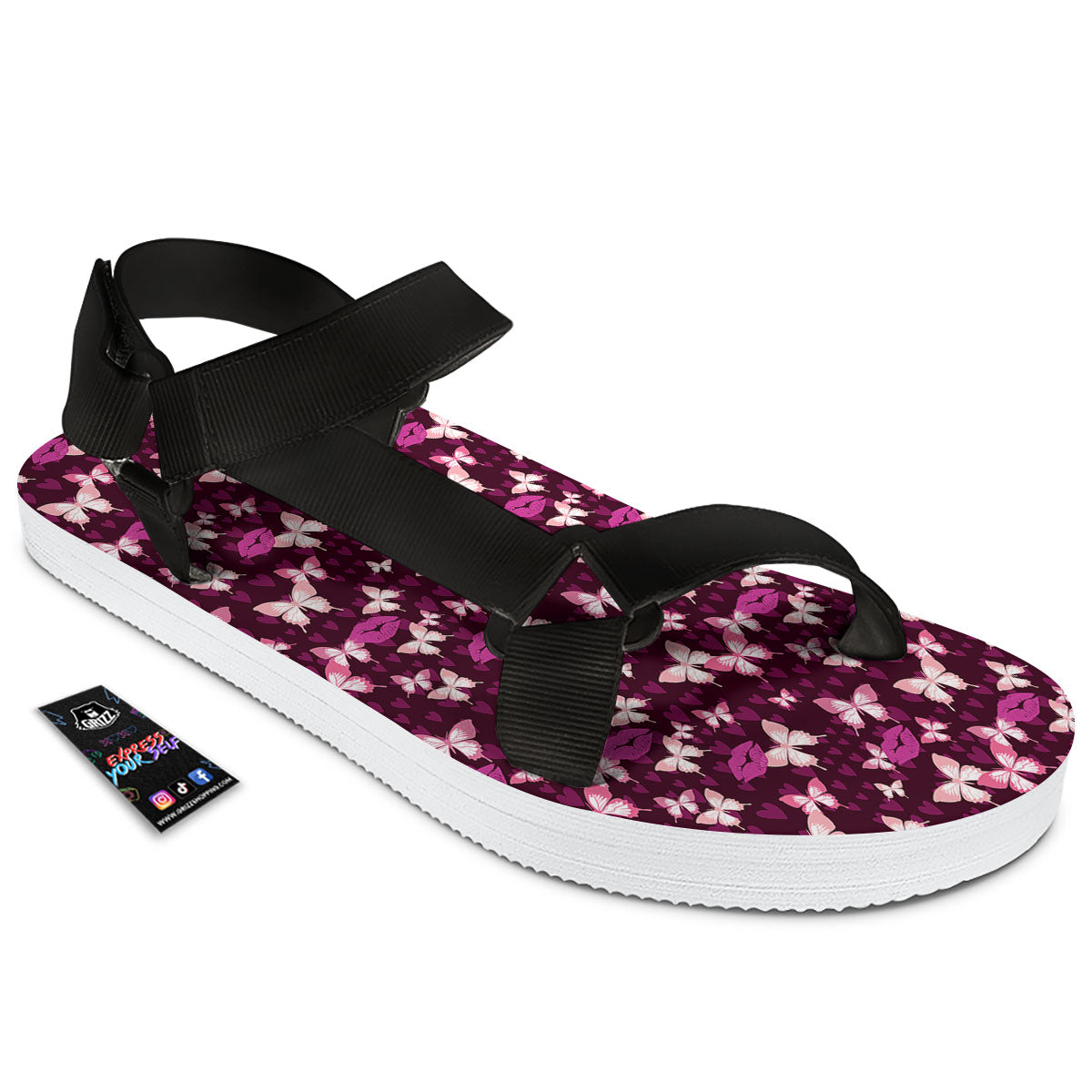 Butterfly And Girly Heart Print Pattern Black Open Toe Sandals-grizzshop
