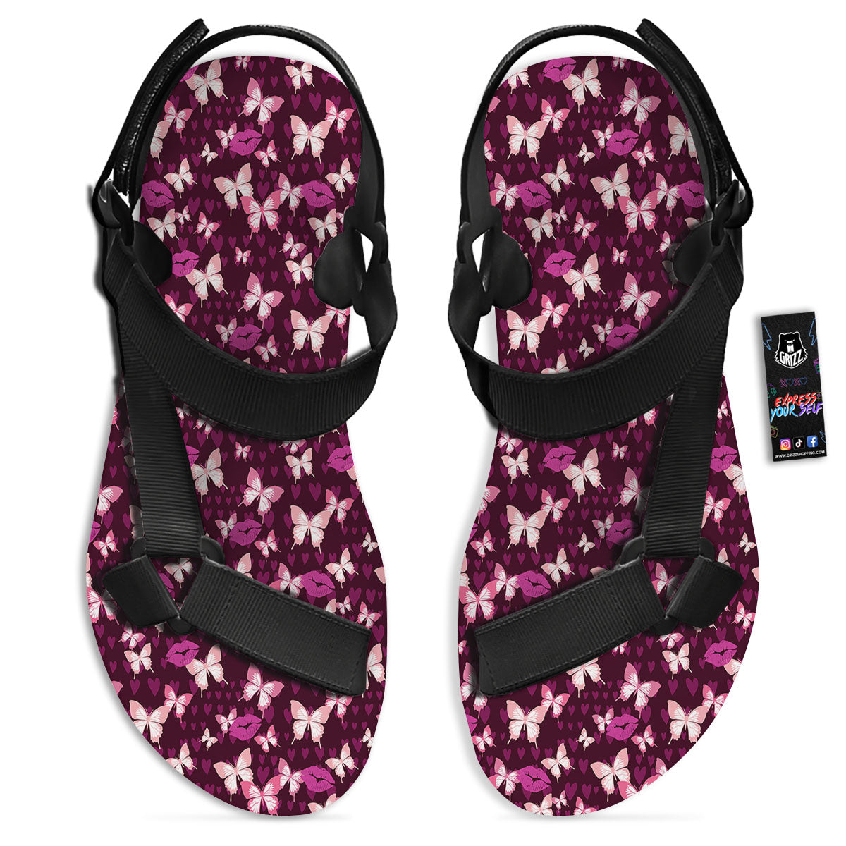 Butterfly And Girly Heart Print Pattern Black Open Toe Sandals-grizzshop