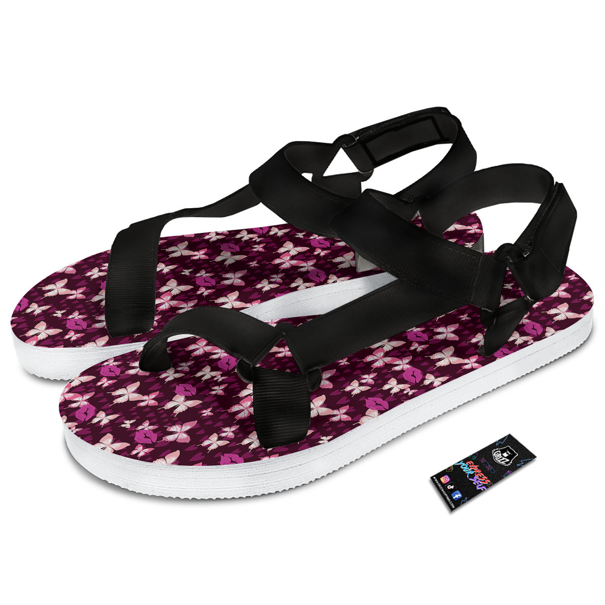 Butterfly And Girly Heart Print Pattern Black Open Toe Sandals-grizzshop