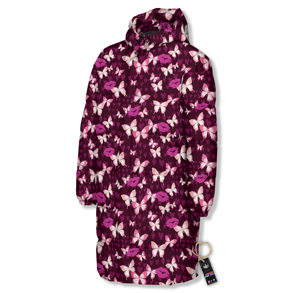 Butterfly And Girly Heart Print Pattern Long Down Jacket-grizzshop