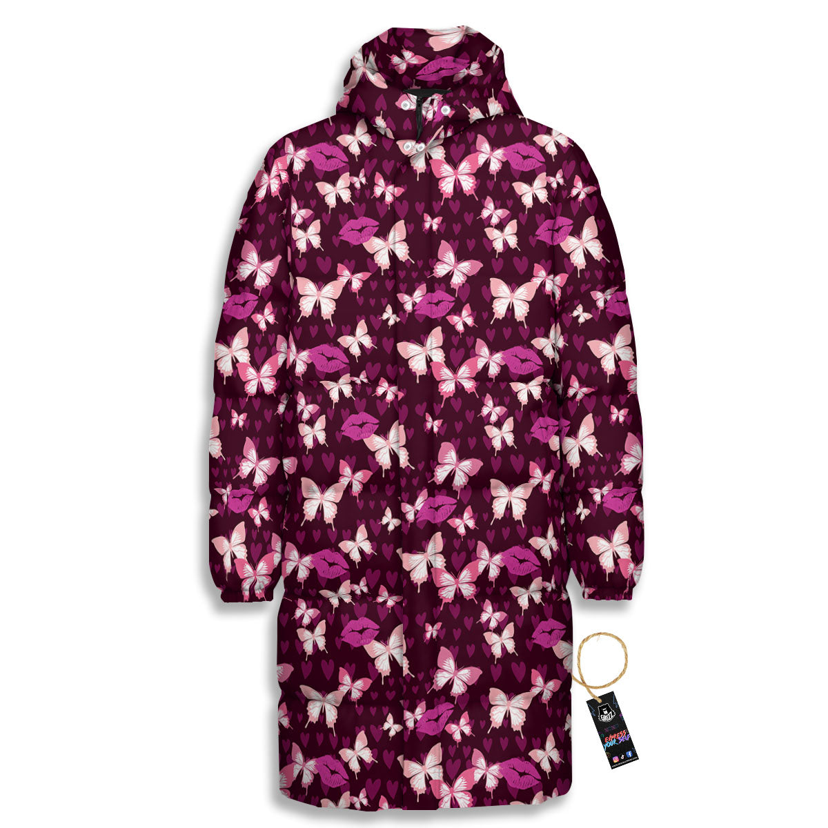 Butterfly And Girly Heart Print Pattern Long Down Jacket-grizzshop
