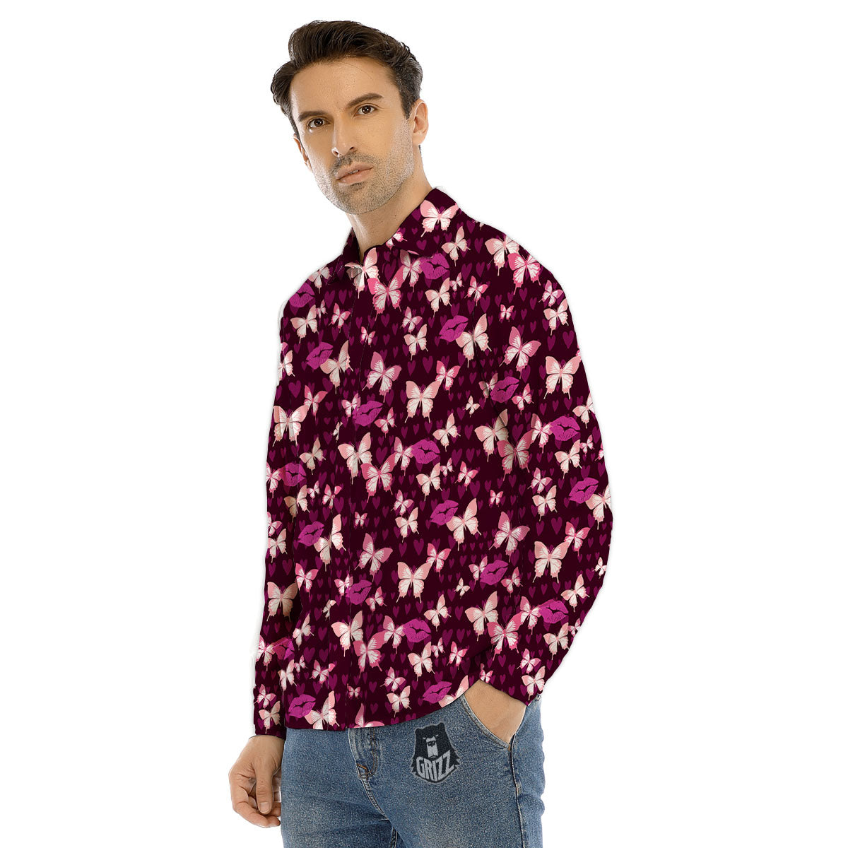 Butterfly And Girly Heart Print Pattern Men's Dress Shirts-grizzshop