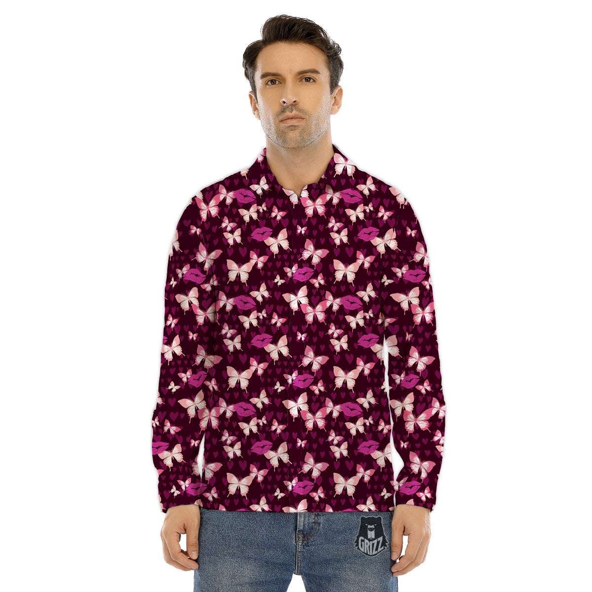 Butterfly And Girly Heart Print Pattern Men's Dress Shirts-grizzshop