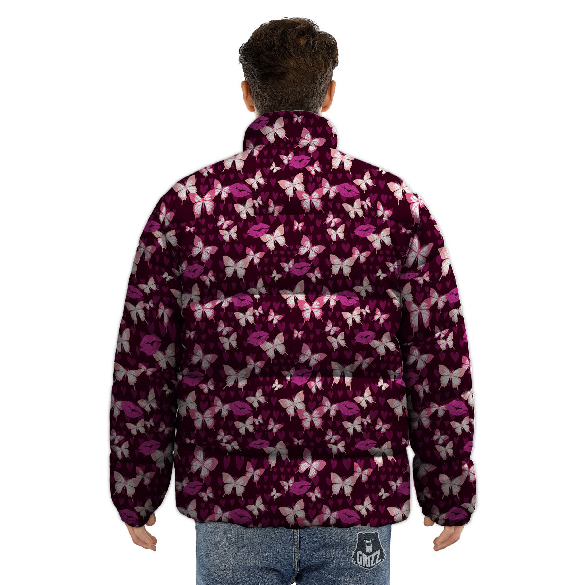 Butterfly And Girly Heart Print Pattern Puffer Jacket-grizzshop