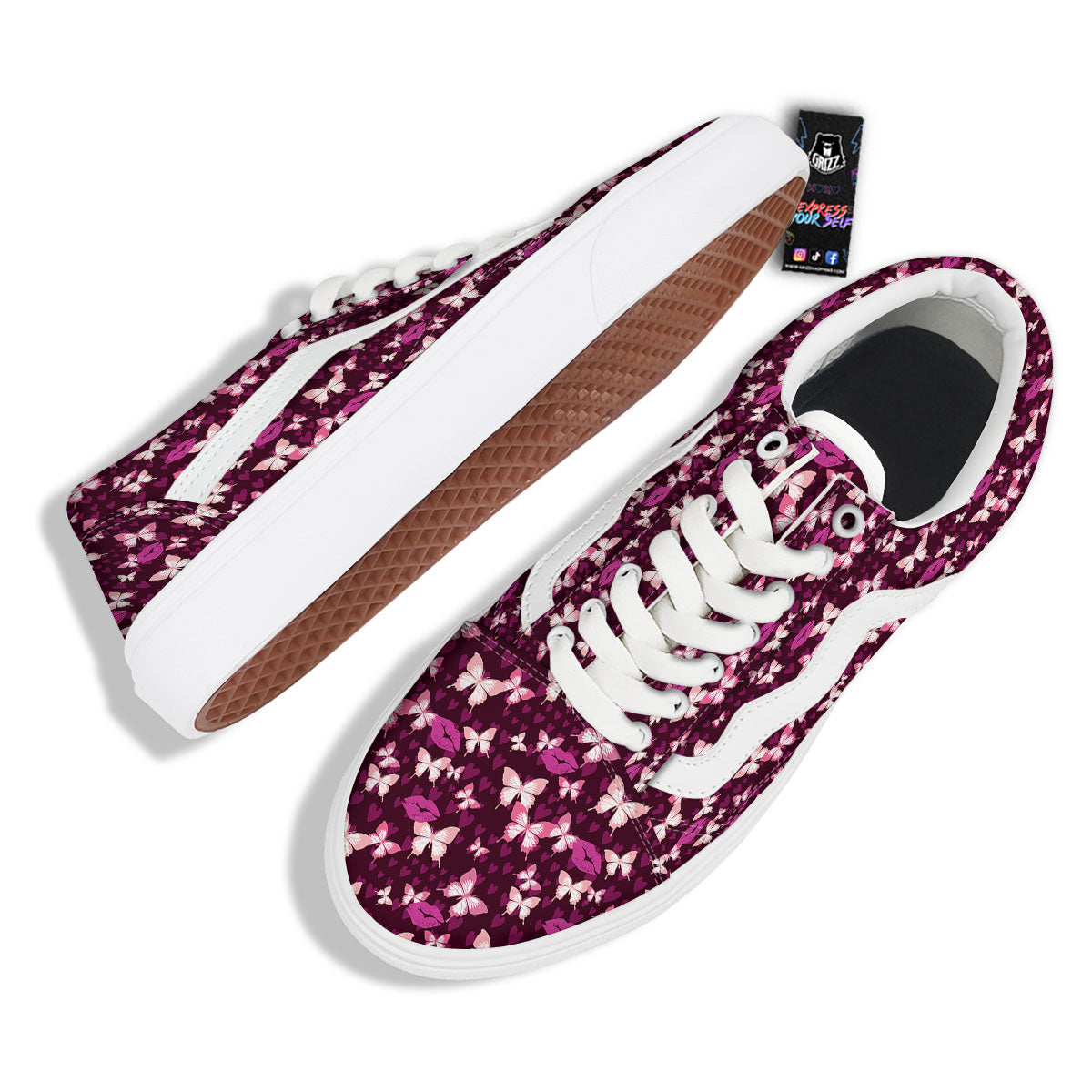 Butterfly And Girly Heart Print Pattern Skate Shoes-grizzshop