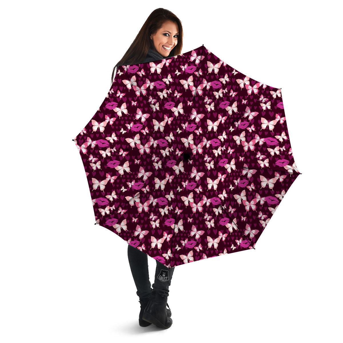 Butterfly And Girly Heart Print Pattern Umbrella-grizzshop